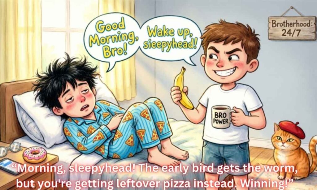 Funny Good Morning Messages for Brothers Image:
Morning, sleepyhead! The early bird gets the worm, but you're getting leftover pizza instead. Winning!