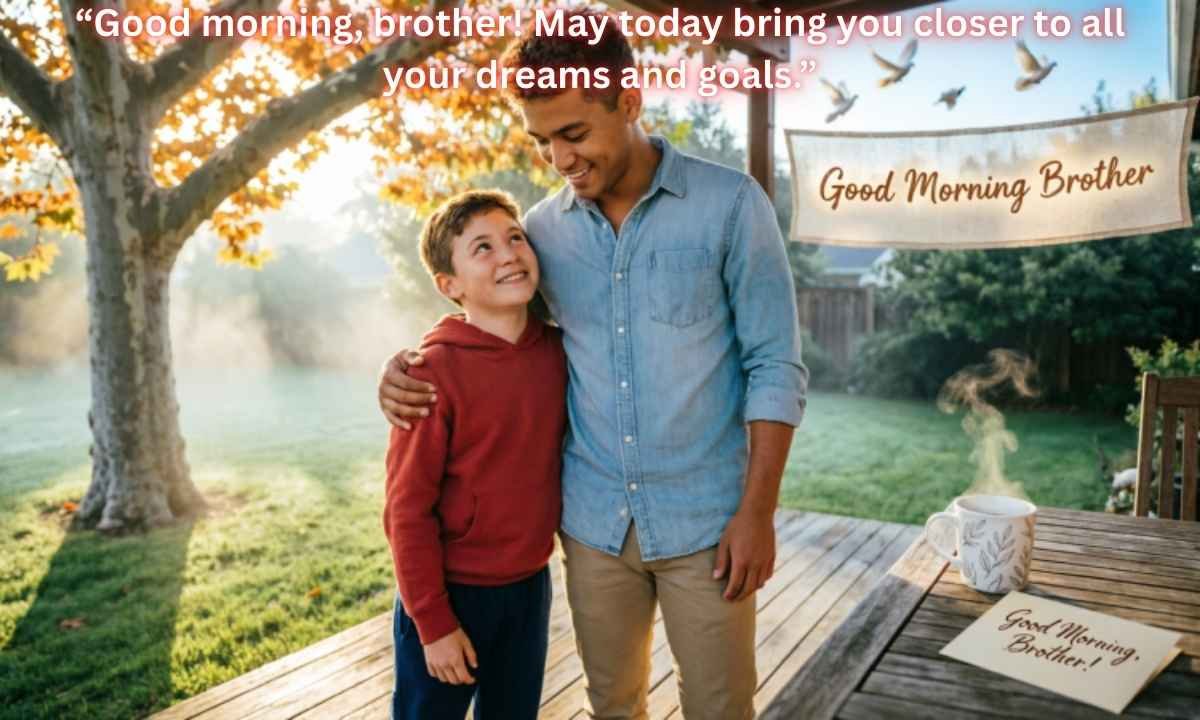 Good Morning Brother Messages Image: “Good morning, brother! May today bring you closer to all your dreams and goals.”