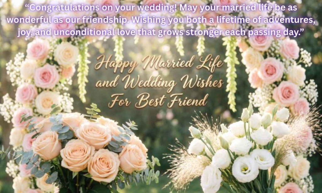 Happy Married Life and Wedding Wishes For Best Friend Image:
“Congratulations on your wedding! May your married life be as wonderful as our friendship. Wishing you both a lifetime of adventures, joy, and unconditional love that grows stronger each passing day.”