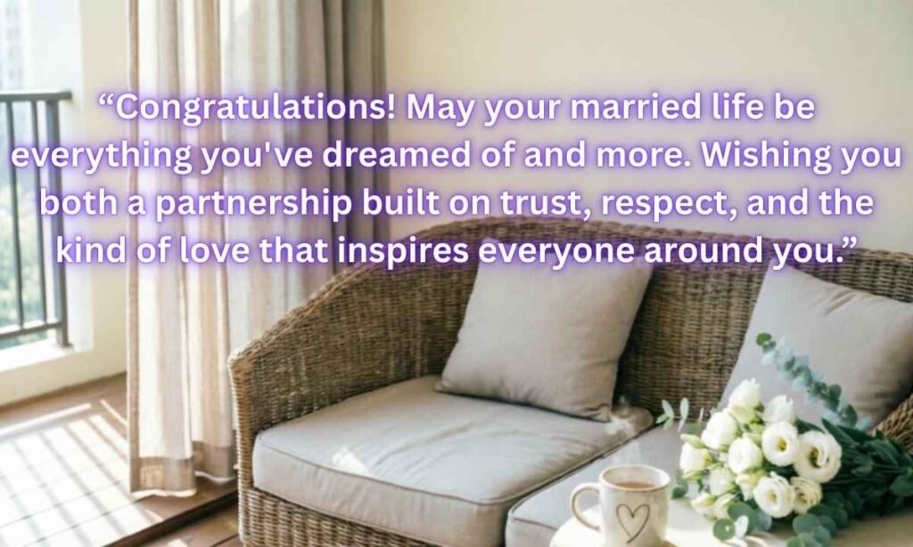 Happy Married Life Wishes Text Messages Image: “Congratulations! May your married life be everything you've dreamed of and more. Wishing you both a partnership built on trust, respect, and the kind of love that inspires everyone around you.”