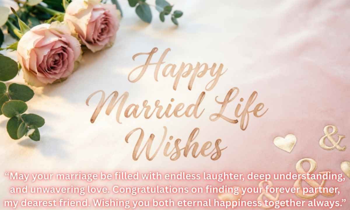 Happy Married Life Wishes Image: “May your marriage be filled with endless laughter, deep understanding, and unwavering love. Congratulations on finding your forever partner, my dearest friend. Wishing you both eternal happiness together always.”