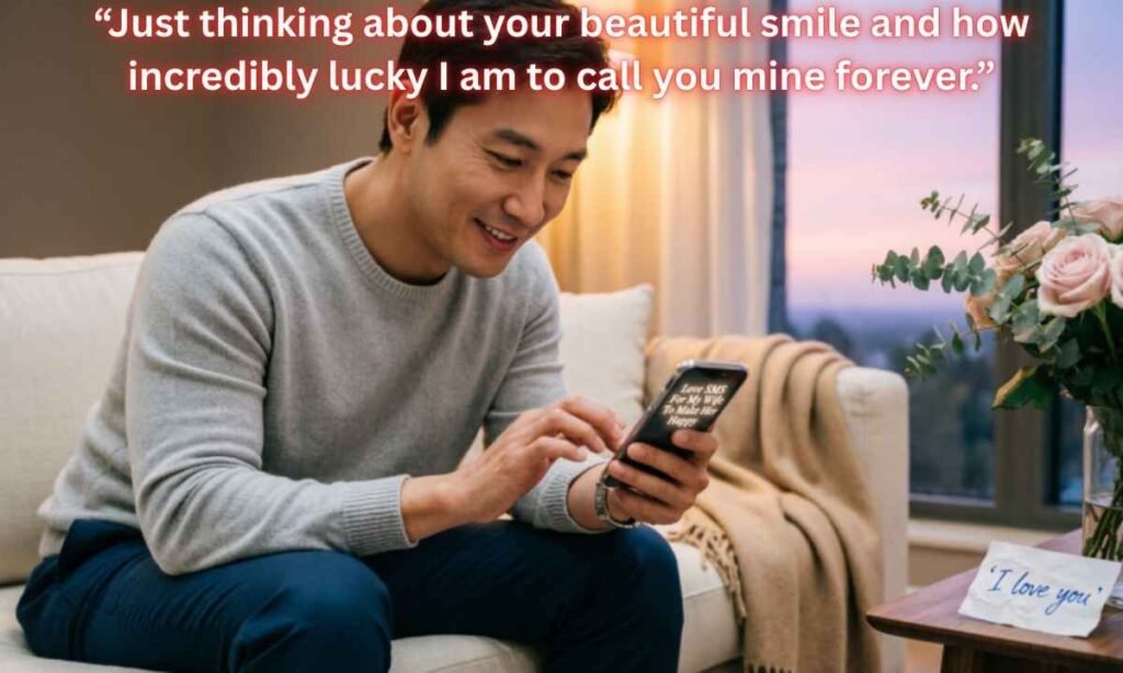 Love SMS For My Wife To Make Her Happy:
“Just thinking about your beautiful smile and how incredibly lucky I am to call you mine forever.”
