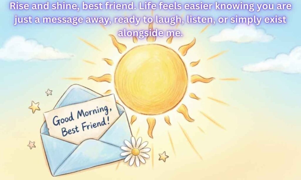 Good Morning Message for a Best Friend Image: Rise and shine, best friend. Life feels easier knowing you are just a message away, ready to laugh, listen, or simply exist alongside me.