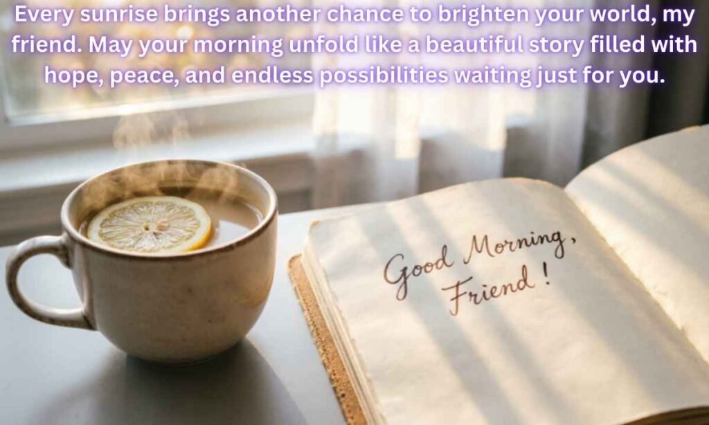Good Morning Quote for a Friend Image:
Every sunrise brings another chance to brighten your world, my friend. May your morning unfold like a beautiful story filled with hope, peace, and endless possibilities waiting just for you.