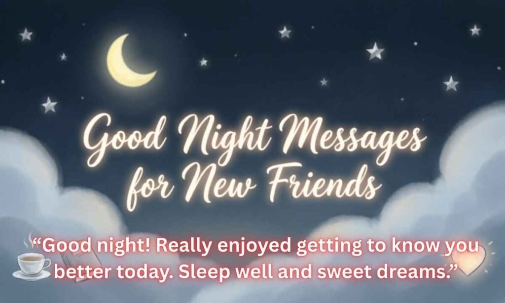 Good Night Messages for New Friends Image: Good Night Messages for New Friends Image: Good night! Really enjoyed getting to know you better today. Sleep well and sweet dreams.