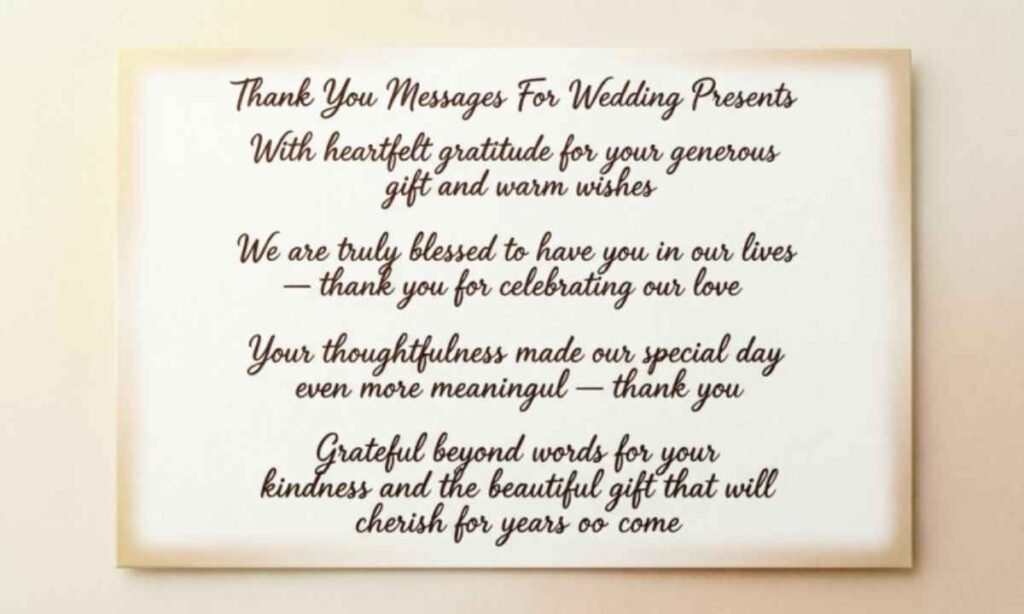 Thank You Messages For Wedding Presents Image:
Thank you for the beautiful wedding gift! Your thoughtfulness and generosity have touched our hearts as we begin this exciting new chapter together.